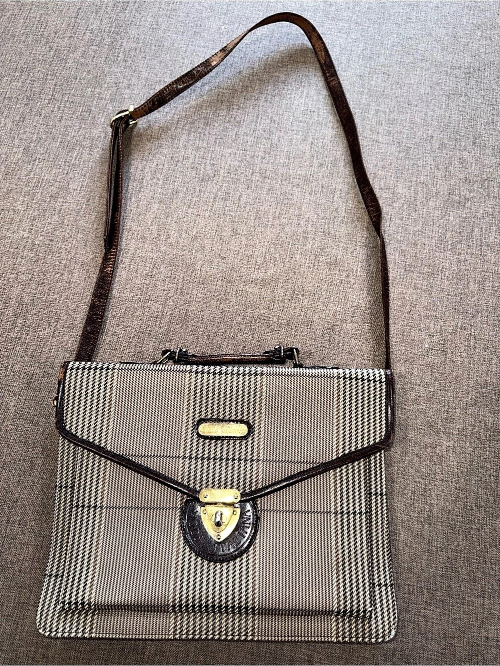 Moda Italia vintage brown plaid shoulder bag with leather trim
